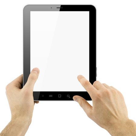 digital tablet in hands over white backgroundの写真素材
