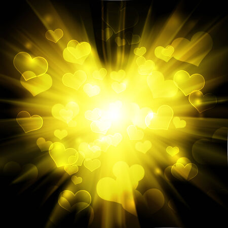 Yellow hearts bokeh abstract light background. Valentine card illustrationの写真素材