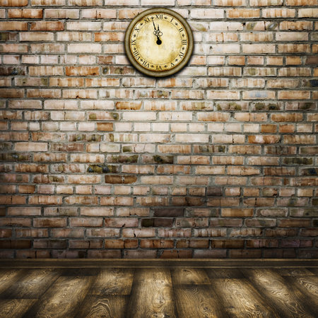 room interior vintage with clock on brick wall and wood floor. Holiday waiting backgroundの写真素材