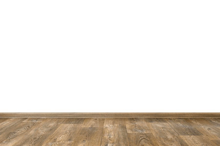 Empty room with white wall and wooden floor backgroundの写真素材