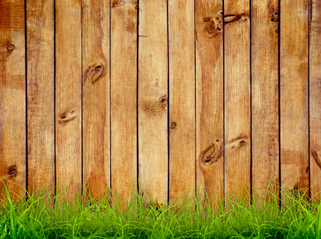 wooden pattern mix with green grass backgroundの写真素材