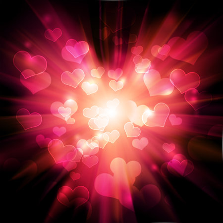 Red pink hearts bokeh abstract light background. Valentine card illustrationの写真素材