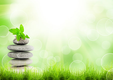 Green grass and stack of stones natural background with selective focus