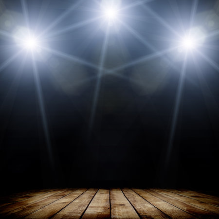 illustration of concert spot lighting over dark background and wood floor