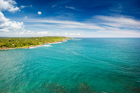 Beautiful seascape under blue cloud sky. Vocation backgroundの写真素材