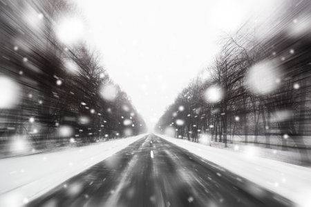 Highway in winter forest with snowの写真素材