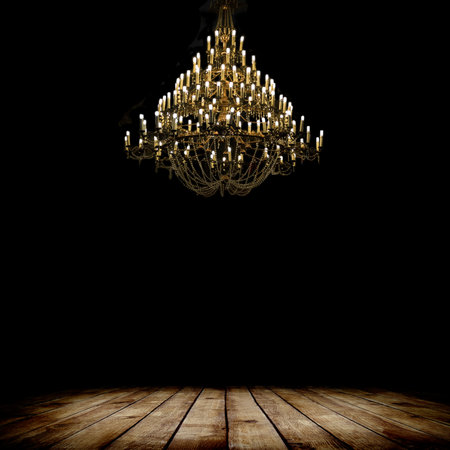 Image of grunge dark room interior with wood floor and chandelier. Backgroundの写真素材