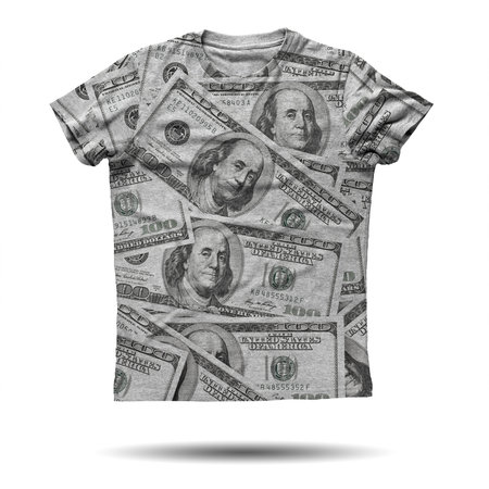 Grey shirt with dollars on it isolated over white backgroundの写真素材