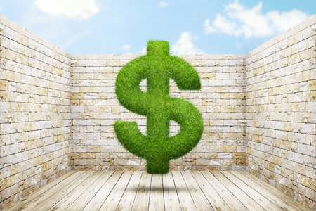 Dollar gign shape of green grass into old room background. Abstract business concept illustrationの写真素材