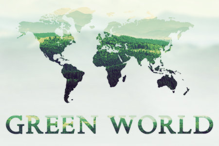 Double exposure of green mountains forest and world map. Nature concept background