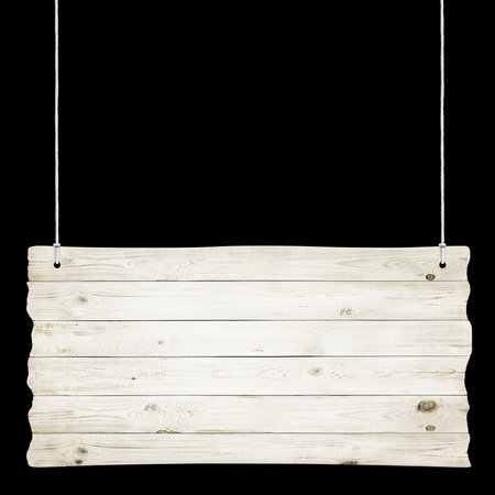 Wooden sign with ropes isolated over black  backgroundの写真素材