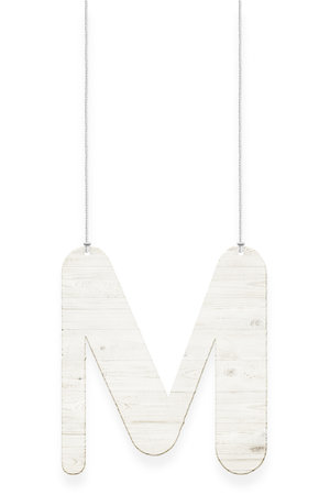 Wooden letter "M" with rope isolated over white background. Part of alphabetの写真素材