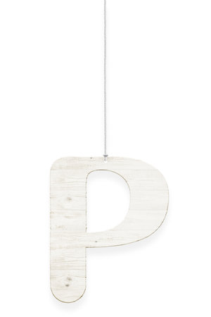 Wooden letter "P" with rope isolated over white background. Part of alphabetの写真素材