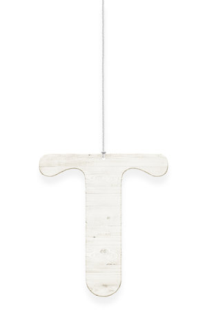 Wooden letter "T" with rope isolated over white background. Part of alphabetの写真素材