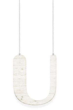 Wooden letter "U" with rope isolated over white background. Part of alphabetの写真素材