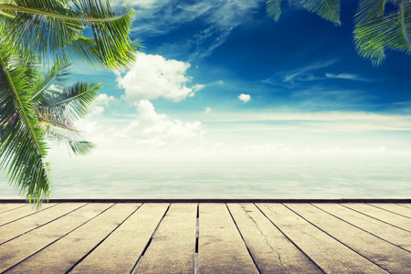Beauty seascape under blue clouds sky. View from wood pierの写真素材