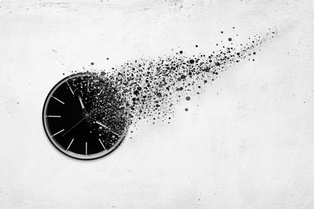 Classic clock on white concrete background disintegrate in a small parts and flying away. Time flying conceptの写真素材