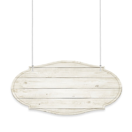Wooden sign with ropes isolated over white backgroundの写真素材