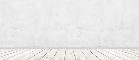 Vintage room interior with white concrete wall and wood floor background. Wide panorama imageの写真素材
