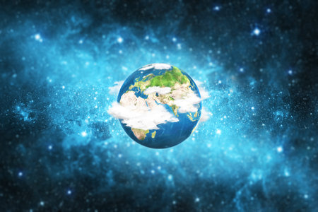 Earth globe with clouds over blue space background. Abstract conceptual image.
