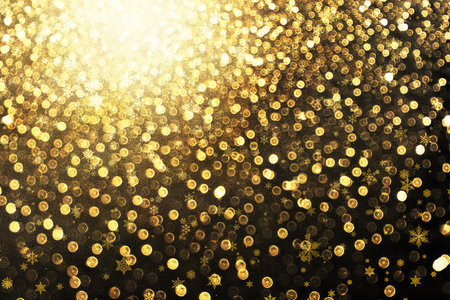 Abstract golden bokeh with snow flakes backgroundの写真素材