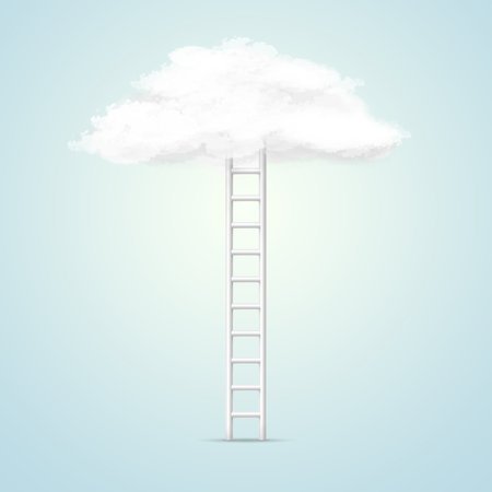 Conceptual image with ladder leading to white blank cloud over blue backgroundの写真素材