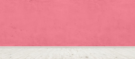 Vintage room interior with red concrete wall and wood floor background. Wide panorama imageの写真素材