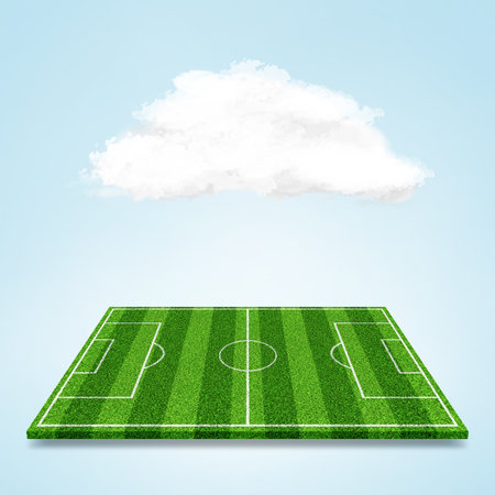 Green soccer field with white lines. Object over white cloud and blue sky backgroundの写真素材