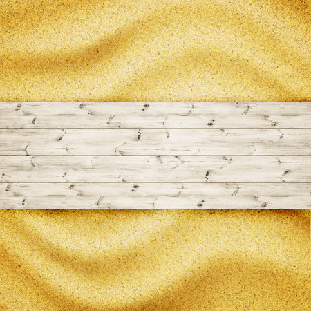 Wood planks board is over sand backgroundの写真素材