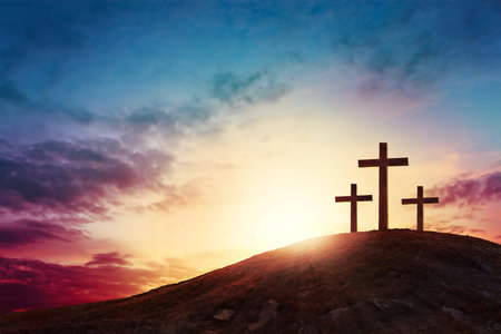 Silhouette cross on Calvary mountain sunset background. Easter conceptの写真素材