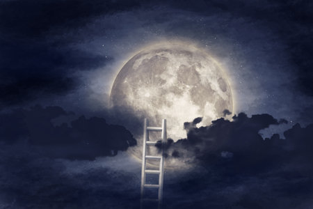Conceptual image with ladder leading to moon and clouds background.の写真素材