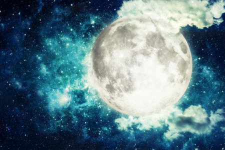 Night sky with stars and full moon.の写真素材