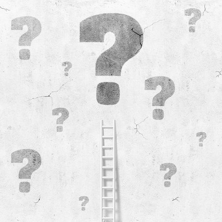 Blank concrete grey wall background with question sign and ladder