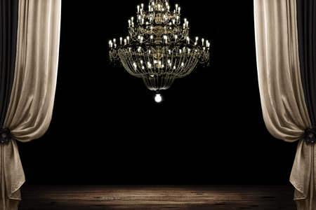 Image of grunge dark room interior with wood floor and chandelier. Backgroundの写真素材