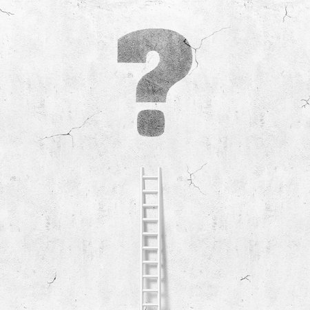Blank concrete grey wall background with question sign and ladderの写真素材