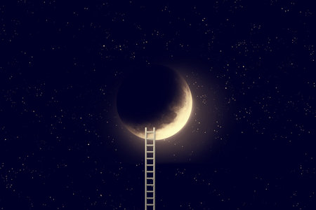 Night sky with moon and step ladder.の写真素材