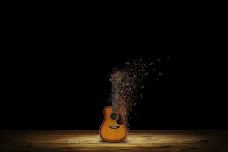 Guitar with flying notes on scene in empty vintage room with black backgroundの写真素材