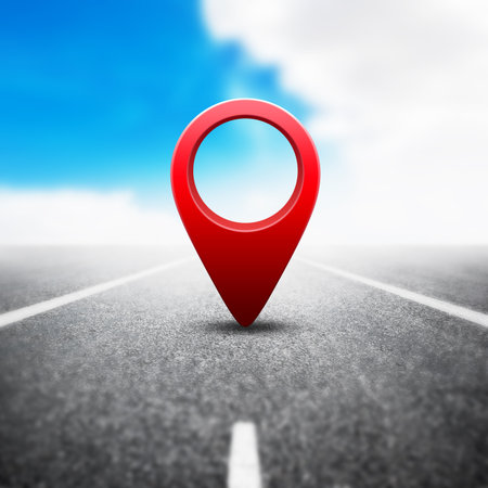 Red GPS pin on asphalt highway backgroundの写真素材