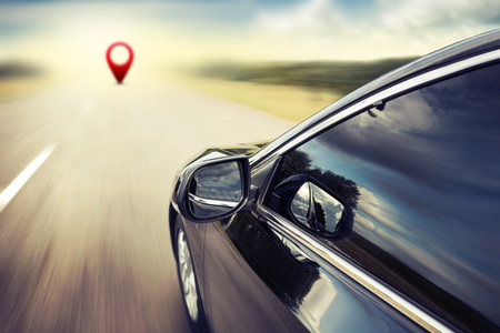 Blurred road and car and gps pin, speed motion backgroundの写真素材