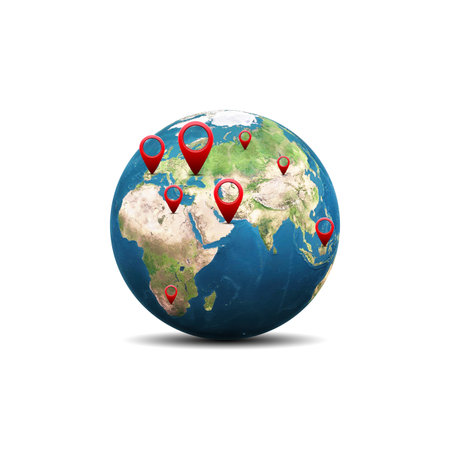 Earth globe with geo pins over it.の写真素材