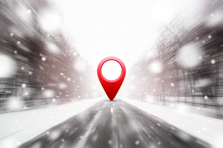 Road in winter snow covered forest with 3d red location pinの写真素材