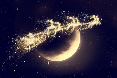 Santa flying on night sky over moon light. Marry Christmas and happy holiday.の写真素材