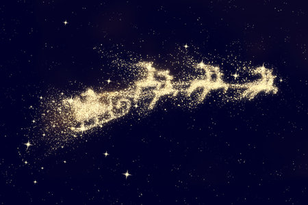 Santa flying over night sky. Marry Christmas and happy holidayの写真素材