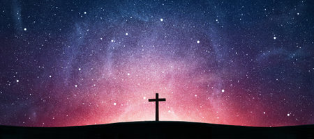 Wooden cross over abstract sky background. Christian conceptの写真素材