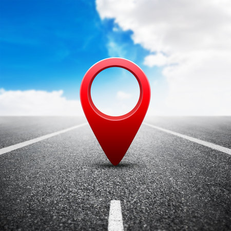 Red GPS pin on asphalt highway backgroundの写真素材