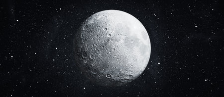 Full moon in space over stars background.の写真素材
