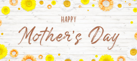 happy mother's day text sign on wooden background. greeting card conceptの写真素材