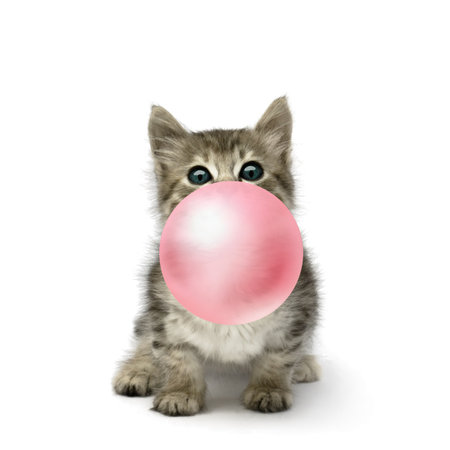 Small gray kitten with gum isolated on white backgroundの写真素材