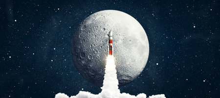 Rocket launching in space sky with stars.の写真素材