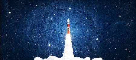 Rocket launching in space sky with stars.の写真素材